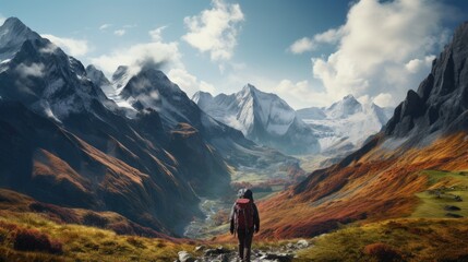 Obraz premium An outdoor extreme summer vacation background with man traveling on a mountain summit enjoying the nature with a big backpack hiking in a lake and enjoying the mountain lifestyle