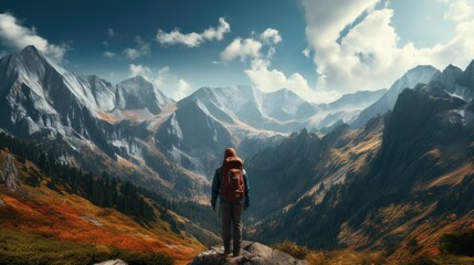 Fototapeta na wymiar An outdoor extreme summer vacation background with man traveling on a mountain summit enjoying the nature with a big backpack hiking in a lake and enjoying the mountain lifestyle