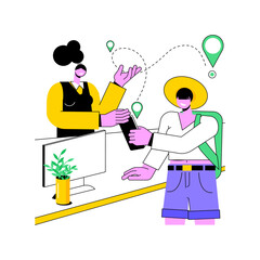 Hostel customer service isolated cartoon vector illustrations. Hostel receptionist giving instructions to customer, explaining the way, hospitality business, traveler check-in vector cartoon.