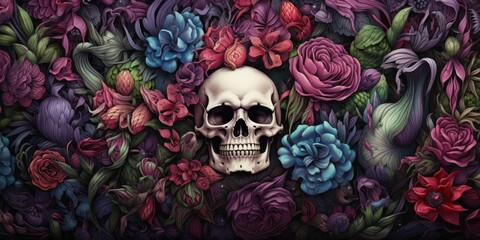 illustration of flowers on top of skulls, generative AI