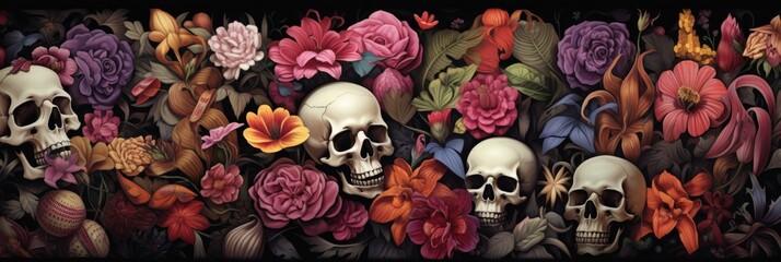 illustration of flowers on top of skulls, generative AI