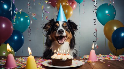 Happy dog at birthday party celebrating with birthday cake, balloons and candles