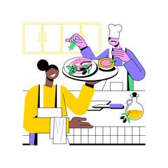 Serving breakfast isolated cartoon vector illustrations. Bed and breakfast owner and chef serving food to guests, hospitality business, professional people, travel service vector cartoon.