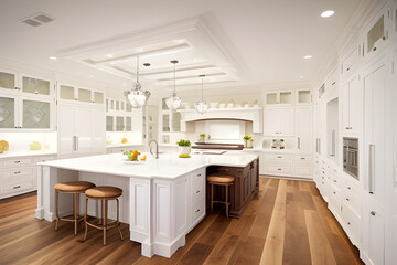 Fototapeta na wymiar Amazing Luxury Kitchen Interior in white with wooden floor and kitchen island.