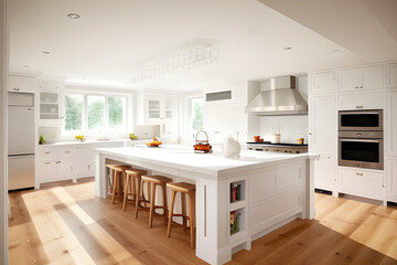 Amazing Luxury Kitchen Interior in white with wooden floor and kitchen island. Modern kitchen interior