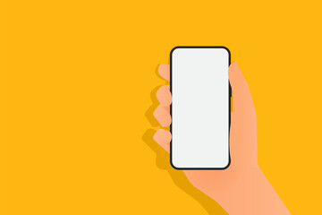Hand holding mobile phone horizontally with white screen in flat style. Black smart phone blank screen in female or male hand for banner. Flat design isolated. Vector