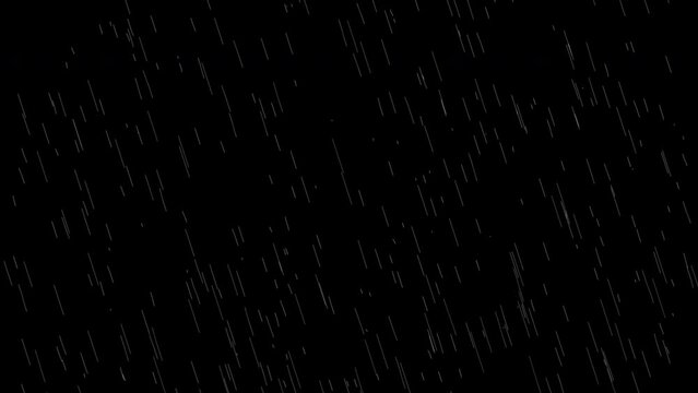 4K Cinematic Realistic rainfall animation overlay background in alpha luma matte. Heavy rain storm seamless loop animation. Surreal raindrops falling thunderstorm overlay. Raindrops on black bg.
