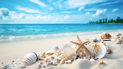 Fototapeta na wymiar Seas shells, starfish lying on white sand beach with ocean background. Copy space