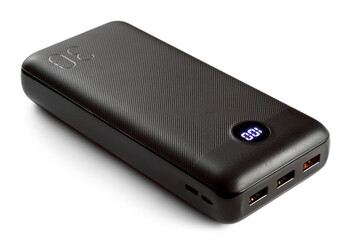 A modern power bank with charge indication on a white background. Battery for charging devices.
