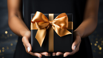 Woman in a black shirt holds a gift with a gold ribbon, black gift box in hand, Black Friday concept