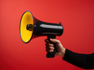 Man hand in black holding a megaphone over a red isolated background, black friday promo concept