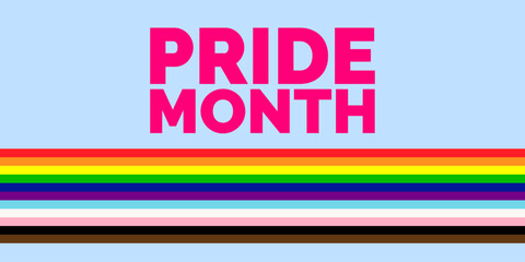 Happy Pride Month Banner. Pride Month text with LGBTQIA+ Flag Background