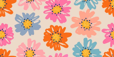 Fotobehang Hand drawn flowers, seamless patterns with floral for fabric, textiles, clothing, wrapping paper, cover, banner, interior decor, abstract backgrounds. © Udomdech