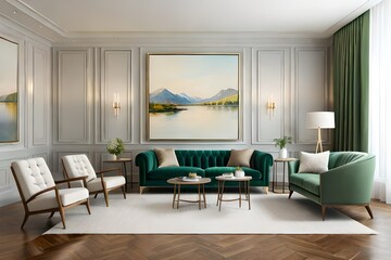 Fototapeta premium Beautiful Interior of modern living room with beige walls, big windows green sofa and beige armchairs. Design of living room in pastel colors