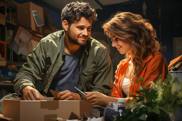 A couple unpacking furniture and opening boxes in their new home after moving. Generative AI