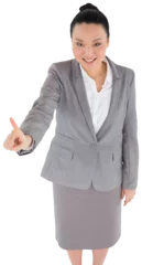 Photo sur Plexiglas Lieux asiatiques Digital png photo of happy asian businesswoman touching virtual screen on transparent background