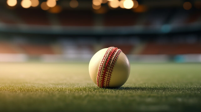Cricket bats and ball on the field with bokeh background
