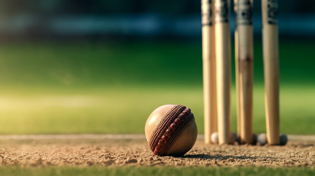 Cricket bats and ball on the field with bokeh background