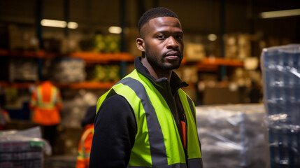black muscular man, warehouse supervisor wearing a safety vest