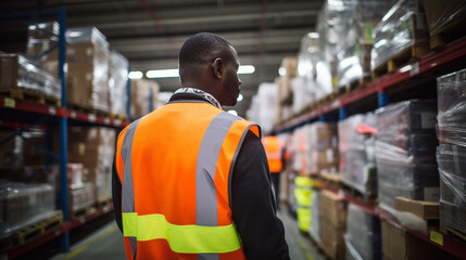 A black African man, wearing a high visibility vest, stands confidently within a bustling warehouse
