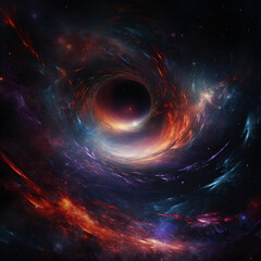 Black hole with a glowing constellation of various colors revolves around a black hole in the universe	