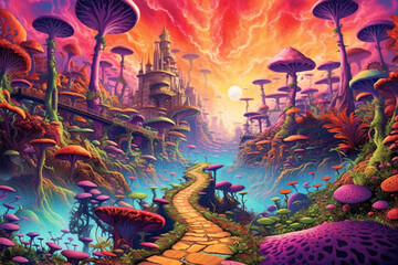 Colorful illustration of a fairy road full of adventures and mysteries