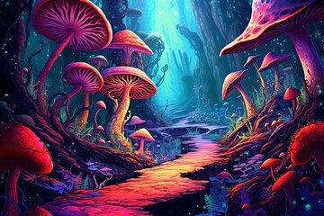 Fairy path surrounded by mushrooms in a world of strange states of mind