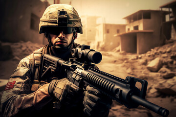 Soldier with assault rifle in the desert. Selective focus. Toned. - obrazy, fototapety, plakaty