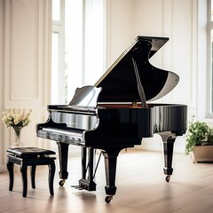 Black piano is ready to play in living room room. Generative ai