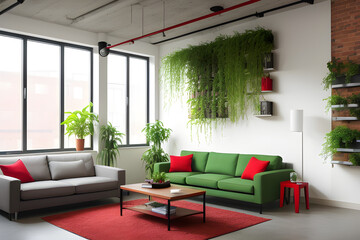 Modern interior of living room with red bricky wall and green vertical garden in loft apartment. Industrial design.
