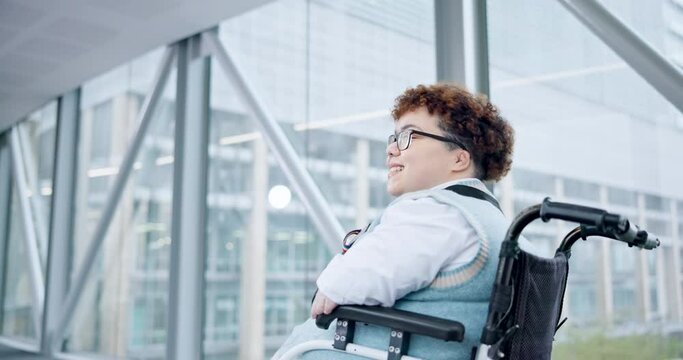 Happy, business and a woman with a disability in a wheelchair at office building. Entrepreneur person smile for opportunity, professional work and equality or inclusive airport with travel access