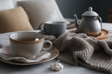 Fototapeta na wymiar Illustration A cup of hot tea on the table inside the room with a winter atmosphere.generative AI
