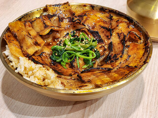 roasted pork and rice in bowl