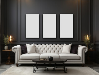 White Luxury Living Room Couch in a Black Room with Three Empty Photo Frames
