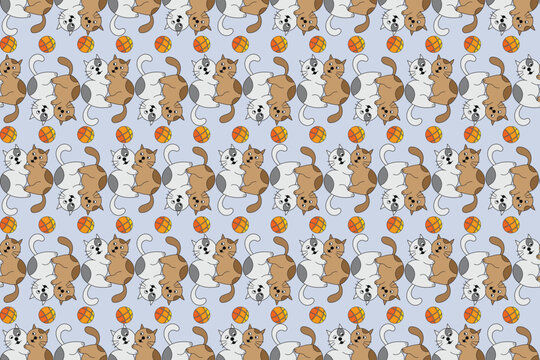Illustration pattern of cats cudding with ball color on soft blue background