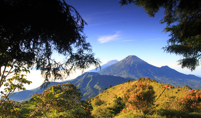 Beautiful view of Mount prau, blue sky and sunrise in the Dieng, Wonosobo, Central Java, Indonesia, August 13, 2023