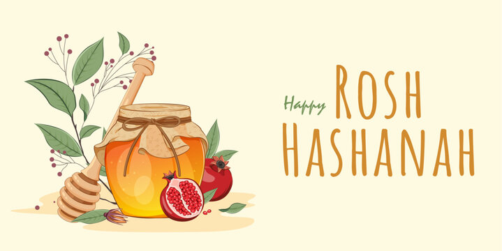 Rosh Hashanah Poster Design with a Jar of Honey, Apple and Pomegranate. Jewish New Year Template
