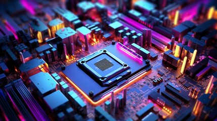 Obraz premium Abstract colorful nano transistors with lights on each corner.