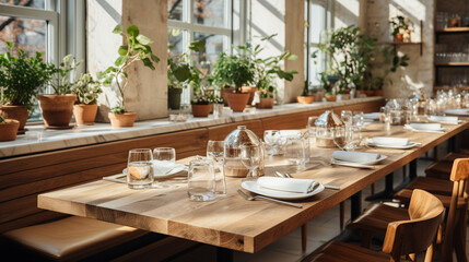 Restaurant interior background, modern decorated with green plant for a touch of natural fresh tone with warm lighting and for urban lifestyle concept restaurant, bar, coffee shop