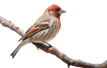 A beautiful house finch perched on a transverse branch against a transparent background
