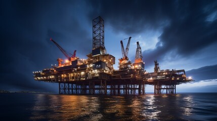 Obraz premium Scene of Offshore oil and rig platform at sunset and sunrise time, Oil and Gas processing, Power energy and onshore refinery, Construction of production process, Generative AI,
