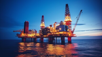 Fototapeta na wymiar Scene of Offshore oil and rig platform at sunset and sunrise time, Oil and Gas processing, Power energy and onshore refinery, Construction of production process, Generative AI,