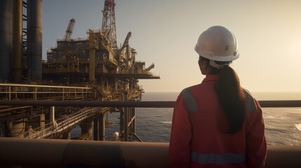 Scene of An operator working and doing maintenance at Offshore oil and rig platform at sunset, Maintenance and Operation, Power energy and onshore refinery, Worker walking and standing, Generative AI - 635714871