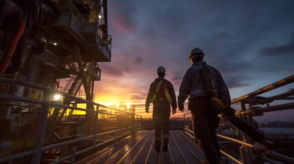Scene of An operator working and doing maintenance at Offshore oil and rig platform at sunset, Maintenance and Operation, Power energy and onshore refinery, Worker walking and standing, Generative AI - 635714896