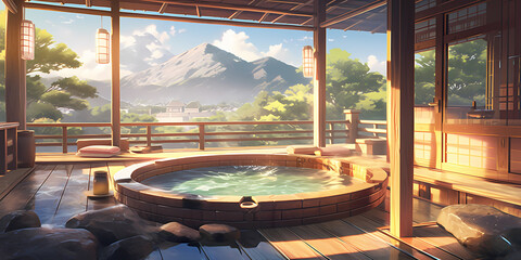 TRPGやゲームの背景として使える露天風呂がある和の部屋 - obrazy, fototapety, plakaty