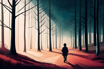 horror picture of a boy walking alone in forest marble ink abstract art from exquisite original painting for abstract background .Painting was painted on high quality paper texture to create landscape
