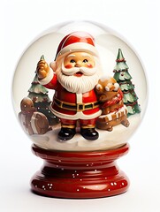 Christmas snow globe featuring Santa Claus with gifts and trees, set on a classic wooden base.
