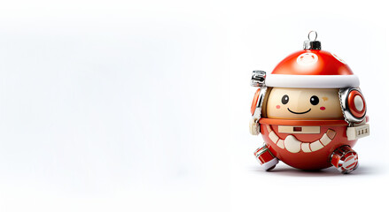 Round robot ornament in red and white, designed with festive elements, ideal for Christmas trees.