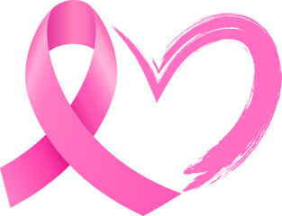 Pink ribbon symbol with heart. Breast Cancer Awareness Month. Icon design for poster, banner and t-shirt. Brush style illustration.