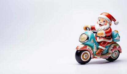 Vibrant Santa Claus figure riding a colorful scooter, adding a fun twist to traditional holiday themes.